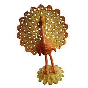 Vintage Metal Libby Peacock Earring Jewelry Holder, Orange, Yellow Iridescent